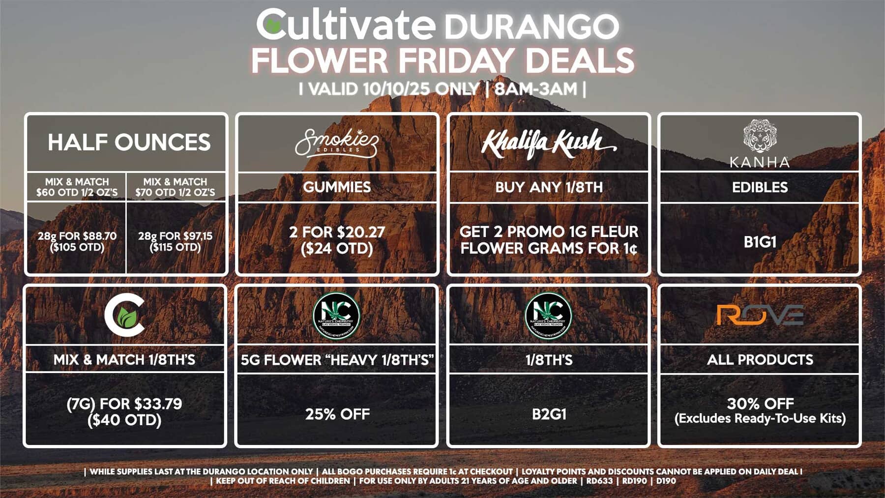 Cultivate Las Vegas DURANGO Dispensary Daily Deals! Valid FRIDAY 10/10 Only | 8AM-12AM | While Supplies Last!