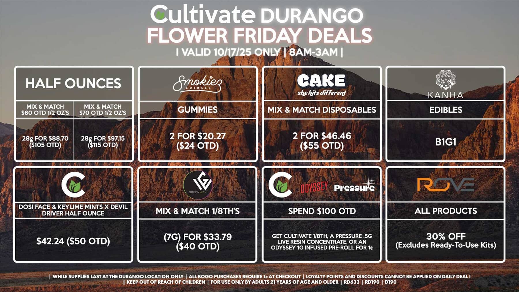Cultivate Las Vegas DURANGO Dispensary Daily Deals! Valid FRIDAY 10/17 Only | 8AM-12AM | While Supplies Last!