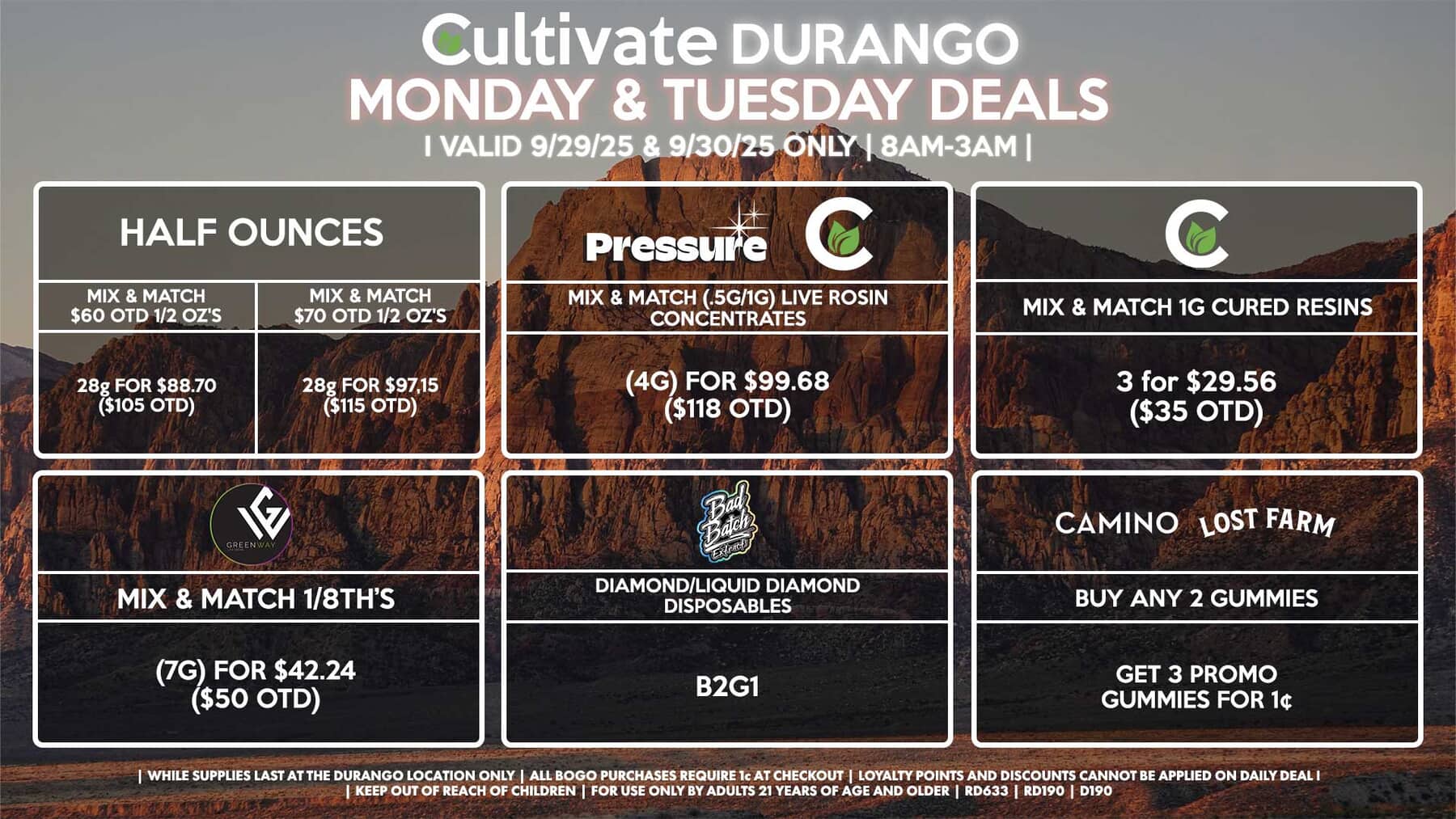 Cultivate Las Vegas DURANGO Dispensary Daily Deals! Valid MONDAY & TUESDAY 9/29-9/30 Only | 8AM-12AM | While Supplies Last!