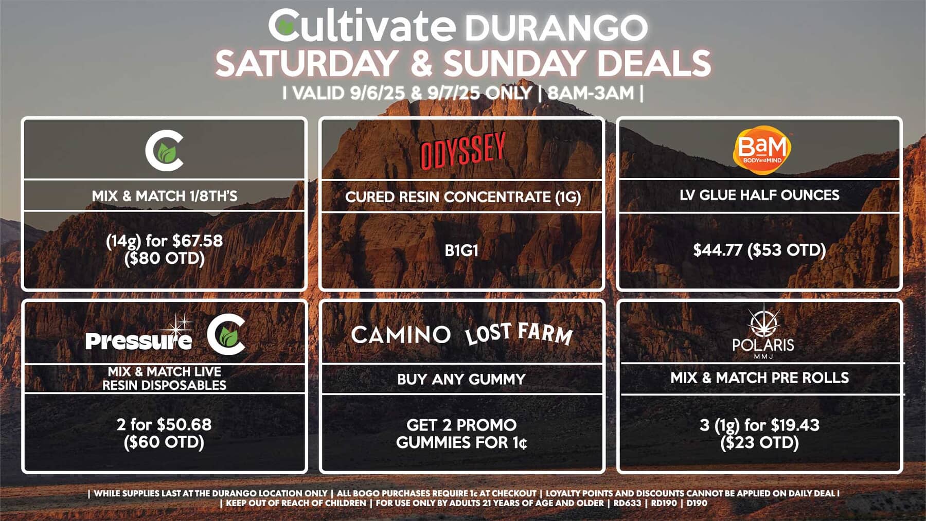 Cultivate Las Vegas DURANGO Dispensary Daily Deals! Valid SATURDAY & SUNDAY 9/6-9/7 Only | 8AM-12AM | While Supplies Last!