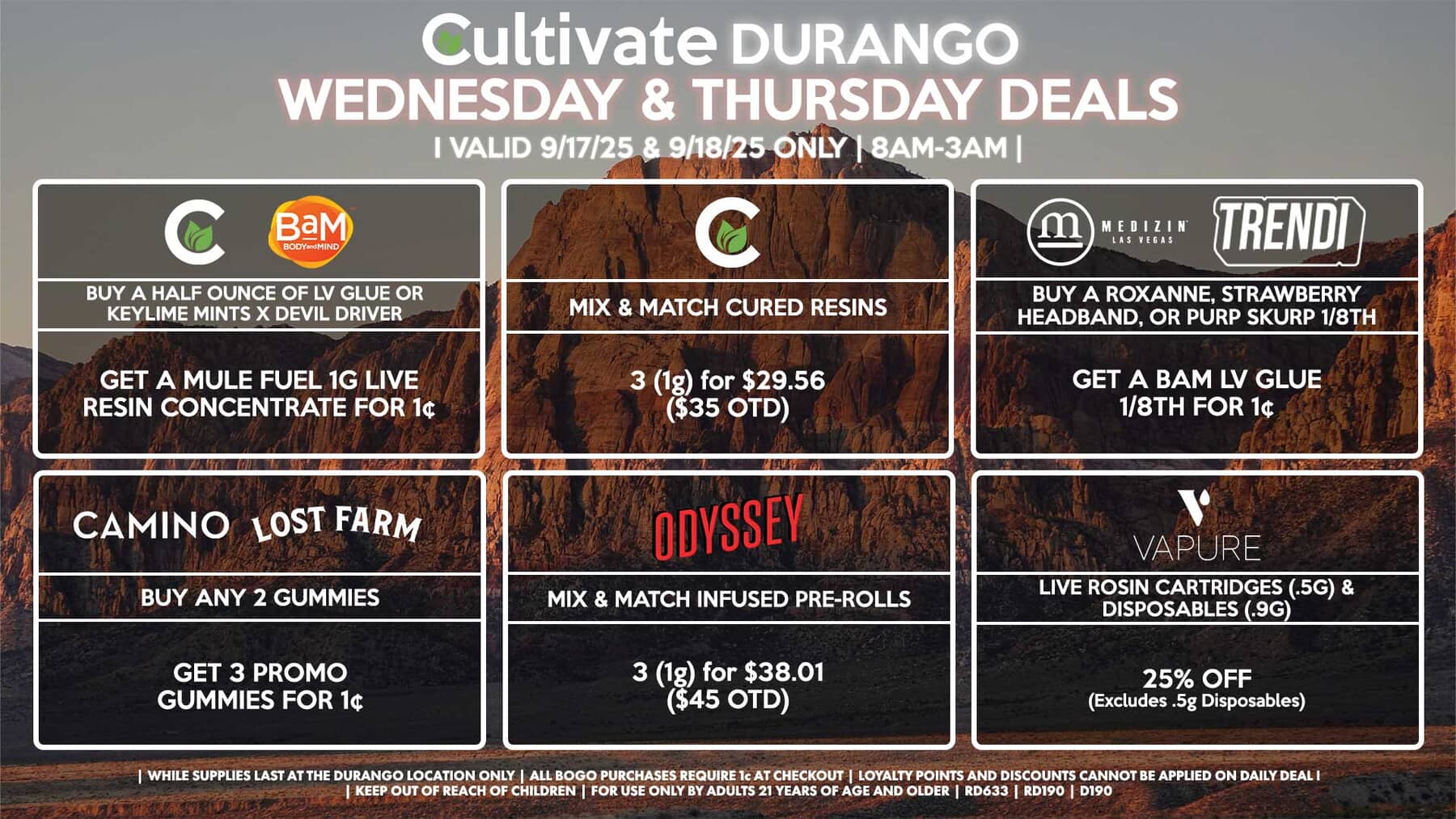 Cultivate Las Vegas DURANGO Dispensary Daily Deals! Valid WEDNESDAY 9/17 Only | 8AM-12AM | While Supplies Last!