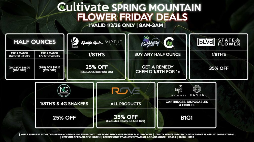 Cultivate Las Vegas SPRING MOUNTAIN Dispensary Daily Deals! Valid FRIDAY 1/2 Only | 8AM-3AM | While Supplies Last!
HALF OUNCES
- Mix & Match $60 OTD 1/2 OZ’s (28g) for $88.70 ($105 OTD)
- Mix & Match $70 OTD 1/2 OZ’s (28g) for $97.15 ($115 OTD)
FLEUR/VIRTUE/KHALIFA KUSH
- 1/8th’s for 25% Off (Excludes Bushido OG)
NATURE’S CHEMISTRY
- 1/8th’s & 4g Shakers for 25% Off
BLVD/STATE FLOWER
- 1/8th’s for 35% Off
ROVE
- All Products for 35% Off (Excludes Ready-To-Use Kits)
BOUNTI/KANHA
- Cartridges, Disposables, & Edibles for B1G1
KUSHBERRY FARMS/CULTIVATE
- Buy Any Half Ounce, Get a Remedy Chem D 1/8th for 1¢
| Valid Friday (1/2/26) at the Spring Mountain Location only, while supplies last | All BOGO purchases require 1¢ at checkout. | All deals include tax | Keep out of reach of children. For use only by adults 21 years of age and older. | Open 8AM to 3AM | Visit cultivatelv.com for more information |