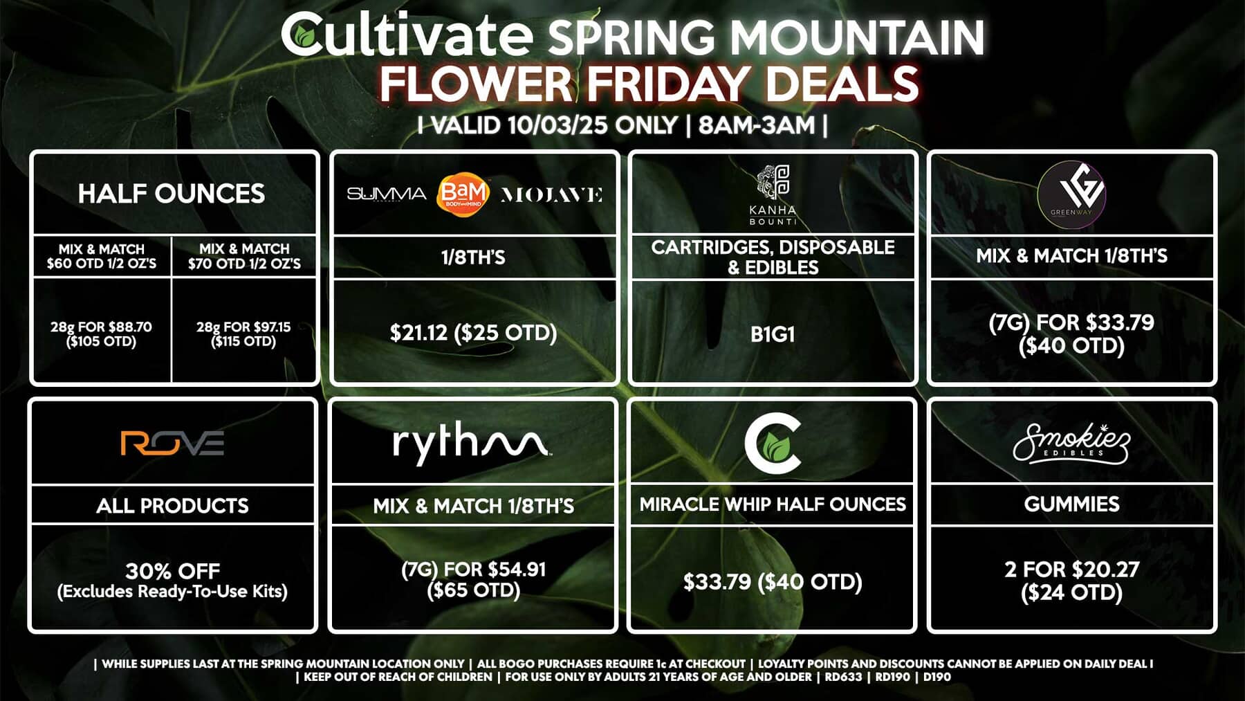 Cultivate Las Vegas SPRING MOUNTAIN Dispensary Daily Deals! Valid FRIDAY 10/03 Only | 8AM-3AM | While Supplies Last!