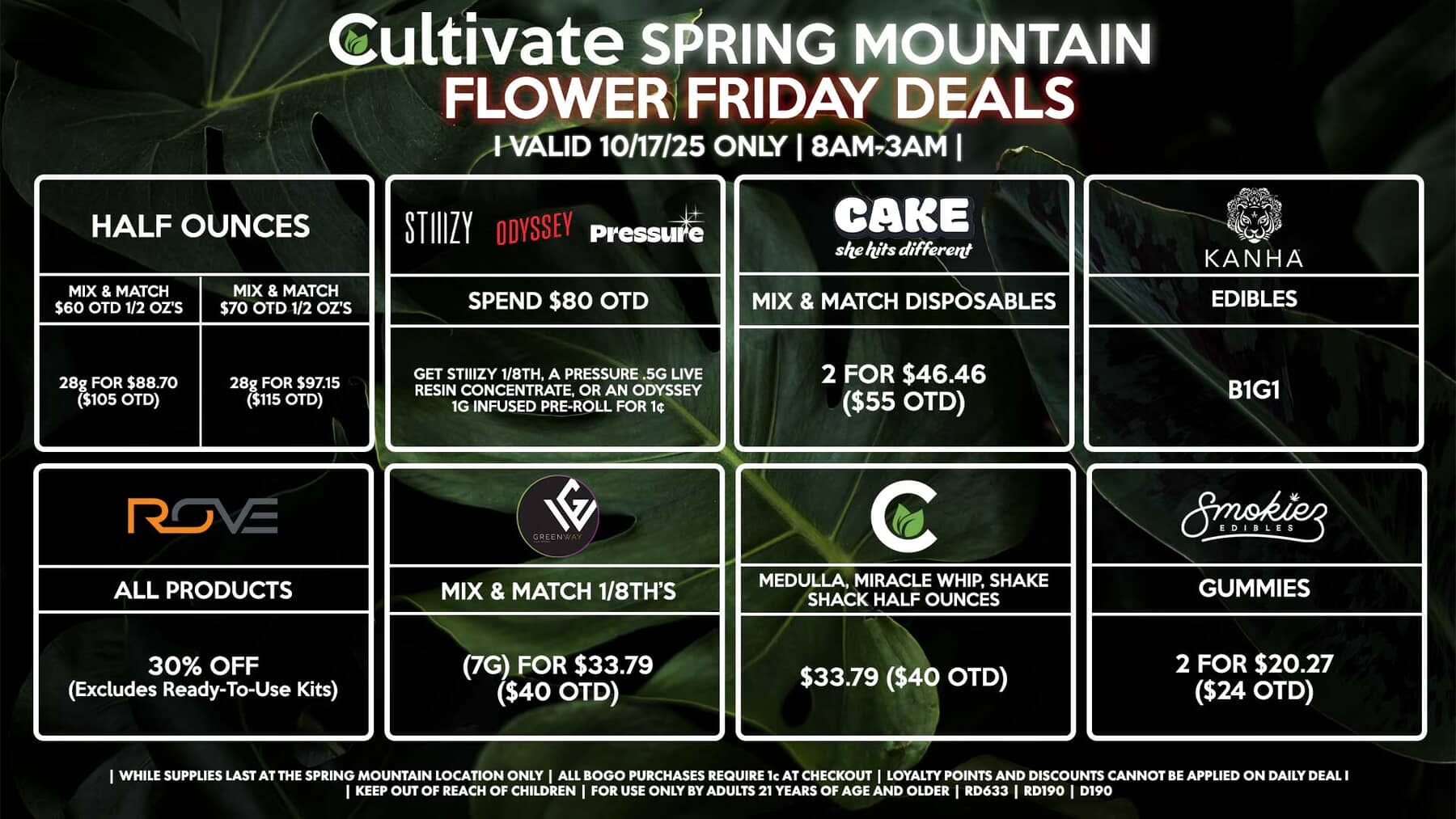 Cultivate Las Vegas SPRING MOUNTAIN Dispensary Daily Deals! Valid FRIDAY 10/17 Only | 8AM-3AM | While Supplies Last!