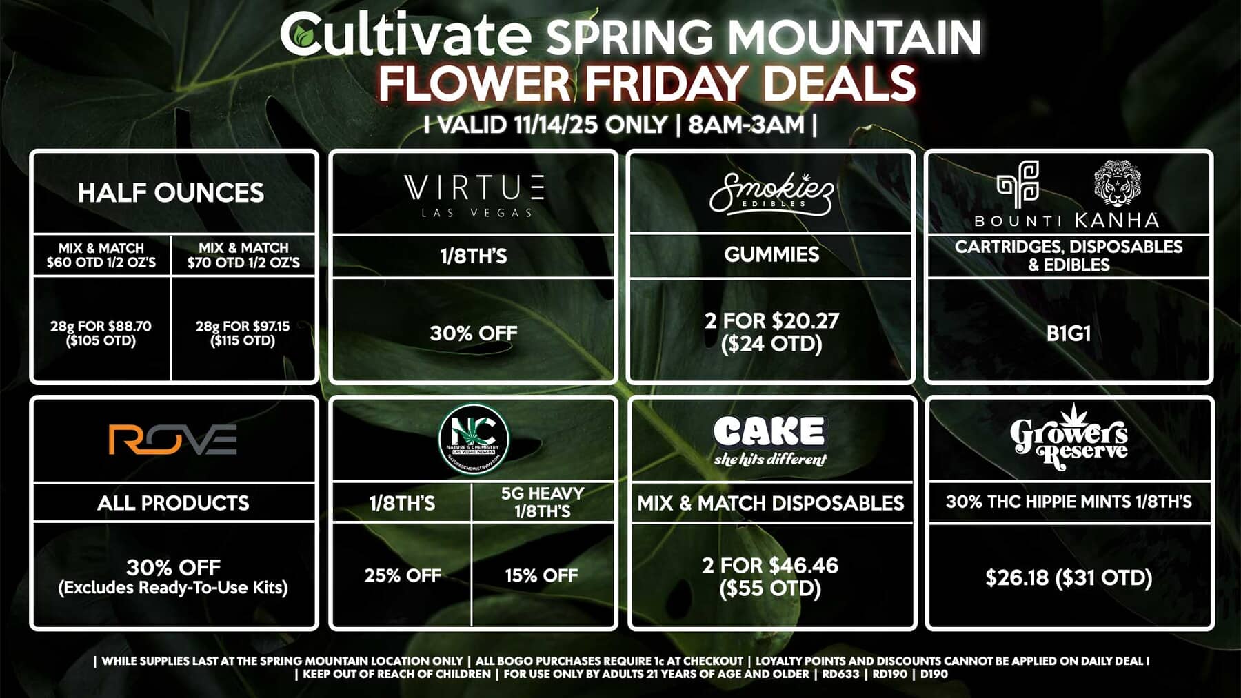 Cultivate Las Vegas SPRING MOUNTAIN Dispensary Daily Deals! Valid FRIDAY 11/14 Only | 8AM-3AM | While Supplies Last!
