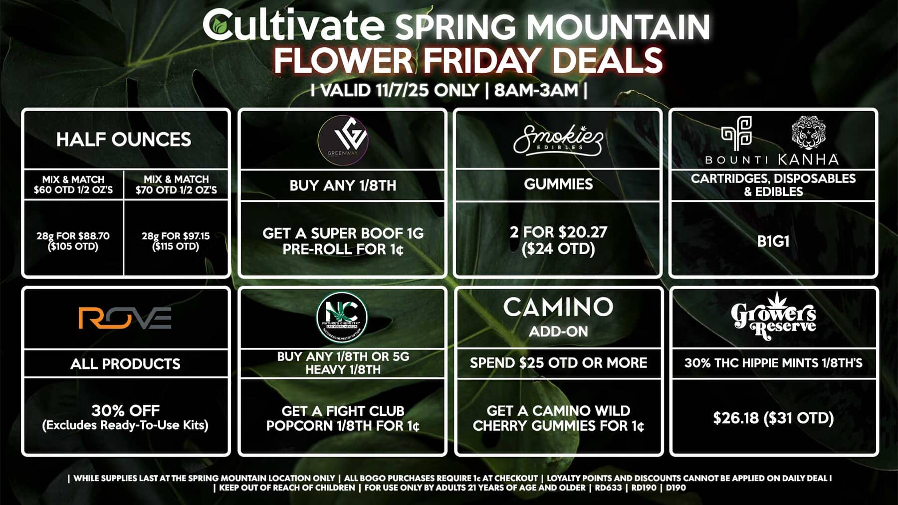 Cultivate Las Vegas SPRING MOUNTAIN Dispensary Daily Deals! Valid FRIDAY 11/7 Only | 8AM-3AM | While Supplies Last!