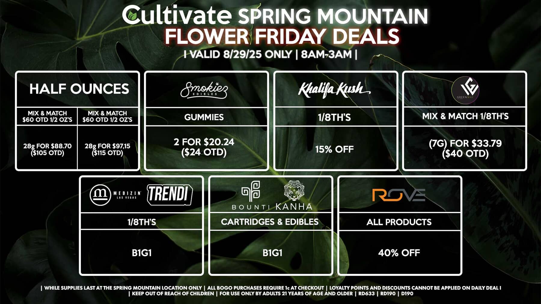 Cultivate Las Vegas Dispensary SPRING MOUNTAIN Daily Deals! Valid FRIDAY 8/29 Only | 8AM-3AM | While Supplies Last!