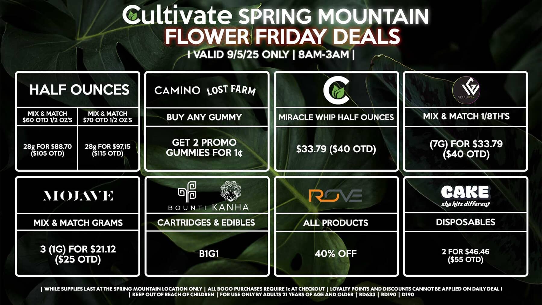 Cultivate Las Vegas SPRING MOUNTAIN Dispensary Daily Deals! Valid FRIDAY 9/5 Only | 8AM-3AM | While Supplies Last!