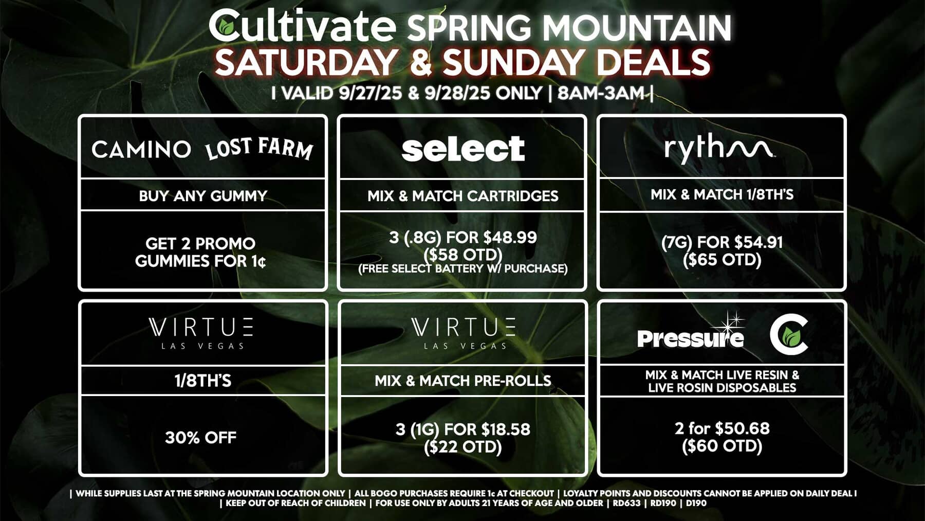 Cultivate Las Vegas SPRING MOUNTAIN Dispensary Daily Deals! Valid SATURDAY & SUNDAY 9/27-9/28 Only | 8AM-3AM | While Supplies Last!