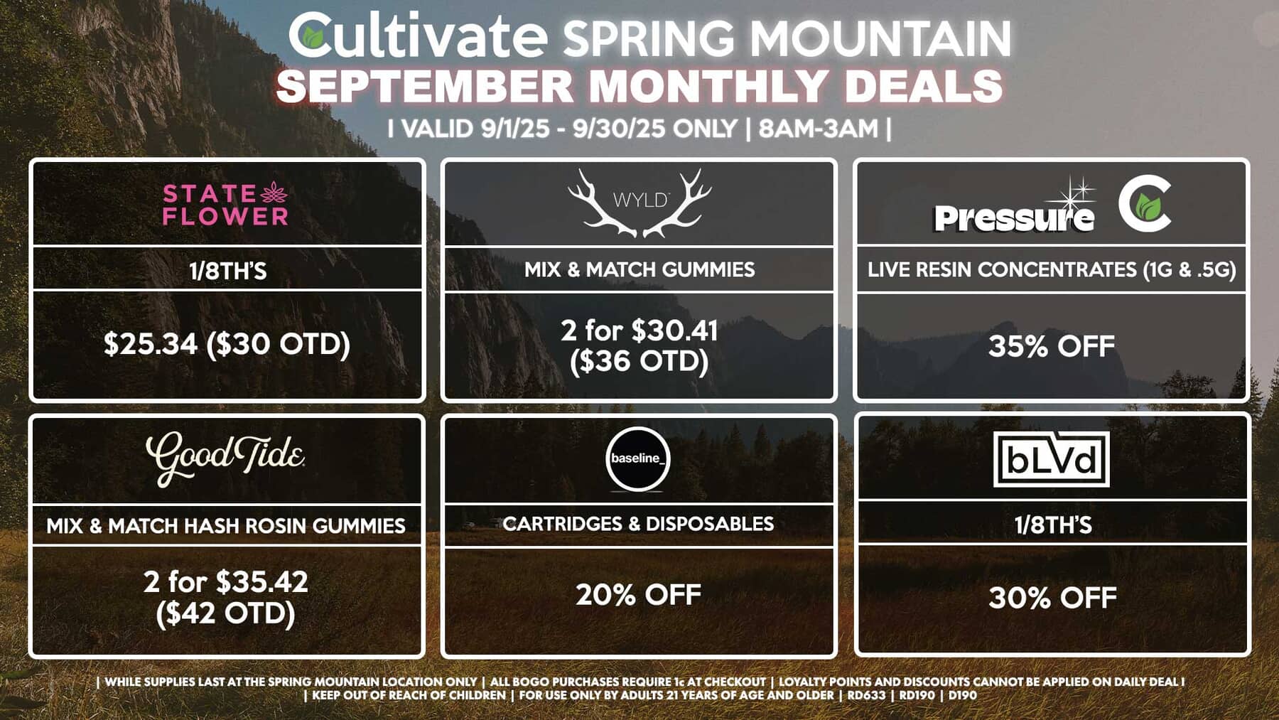 Cultivate Las Vegas SPRING MOUNTAIN Dispensary Monthly Deals! Valid Month of September 9/1-9/30 Only | 8AM-3AM | While Supplies Last!