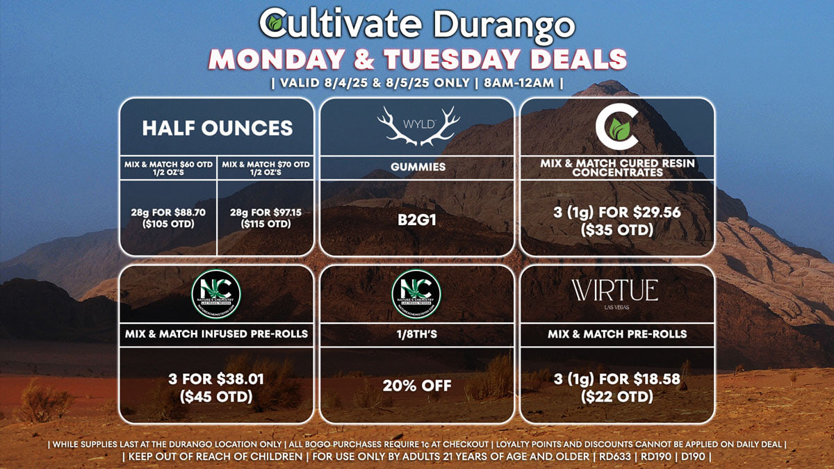 Cultivate Las Vegas Dispensary Daily Deals! Valid MONDAY & TUESDAY 8/4-8/5 Only | 8AM-12AM | While Supplies Last!