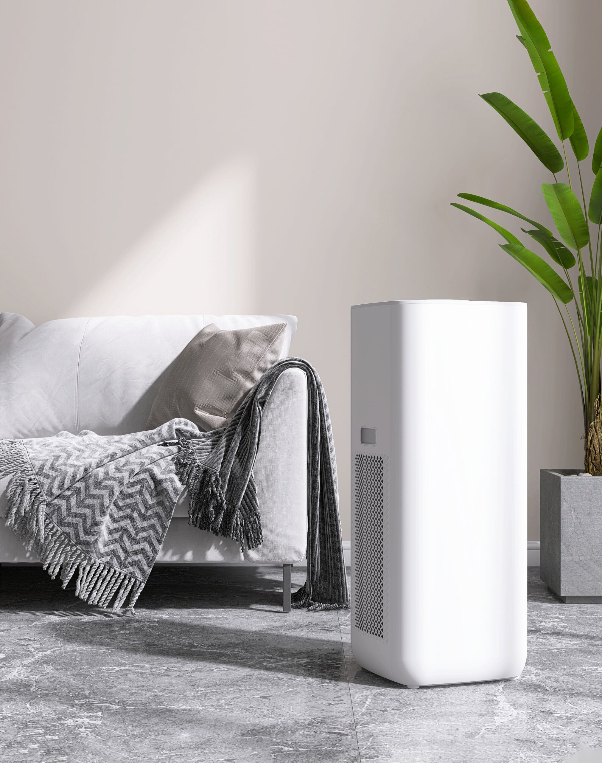 White modern design air purifier, dehumidifier in living room, gray sofa, cushion, green tropical banana tree on granite tile floor in sunlight on wall